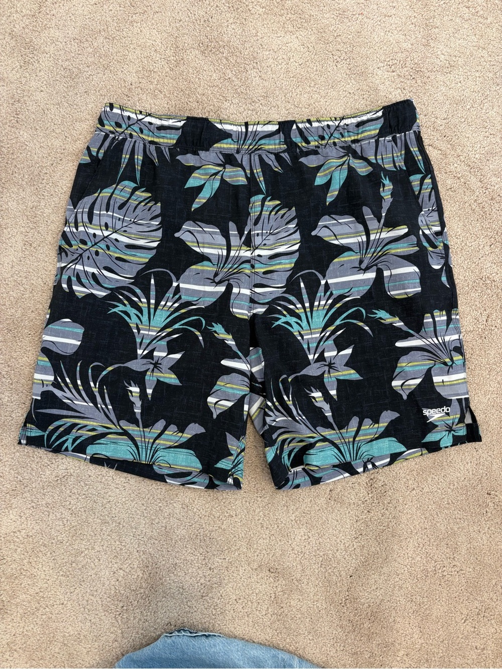 Speedo Men’s Black Swim Trunks with Teal & Gray Floral Print